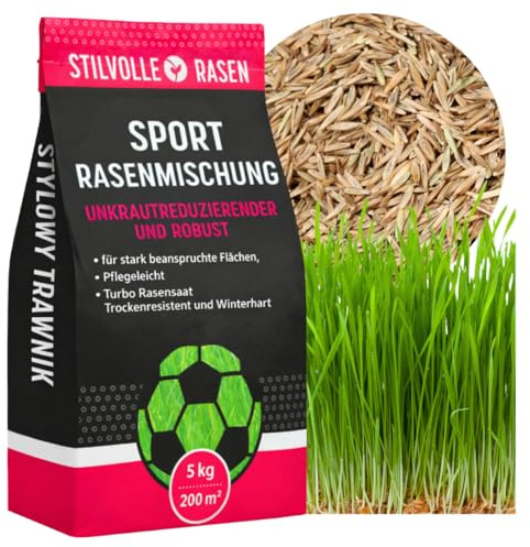 Sport Rasensamen Schnellkeimend Frühjahr 5 kg - Grassamen bis zu 200 m² | Sport und Spielrasen, Turbo Rasensaat Trockenresistent und Winterhart, Unkrautreduzierender und Robust Rasen Samen - STYLIZER