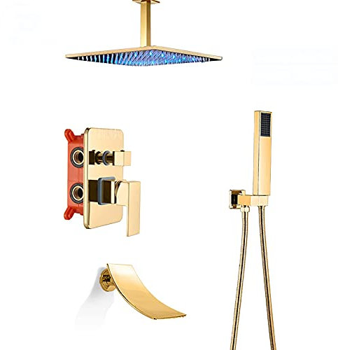 Shower Système de douche à effet de pluie à LED, ensemble combiné de douche doré, robinet de douche de salle de bain monté au plafond avec pomme de douche, douche à main, robinet de baignoire cascade,