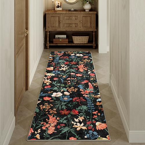 HUGEAR Läufer Flur Teppich 60x240cm Schwarz Waschbar Teppichläufer Runner | Blumen Blumenmuster Läufer Teppiche,Waschbar Rutschfest,Weich,Boho Neutral Modern,für Schlafzimmer,Küche