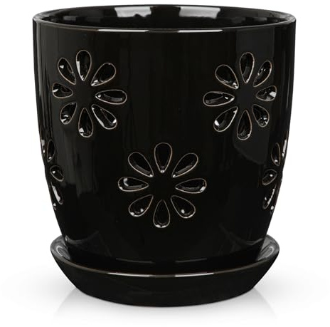 Oairse 6 inch Orchid Pots with Holes, Black Ceramic Orchid Pot for Repotting Small Indoor Plant Pots with Drainage Holes and Saucers Decorative Flower Planter for Orchids, Indoor Plant