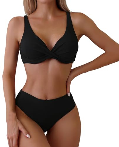 Bikini Damen Set Bauchweg High Waist Badeanzug Push Up Bademode V Ausschnitt Bademode Bauchkontrolle Bikini Sets High Waist Neckholder Bikini Oberteil High Waist Wickel Bikinihose für Frauen Mädchen