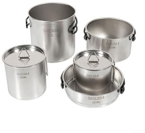 Juego de cocina de acero inoxidable 304 para exteriores, kit de utensilios de cocina de camping de 5 piezas con ollas, sartén y tazas, ligero, para senderismo, mochileros y aventuras de supervivencia