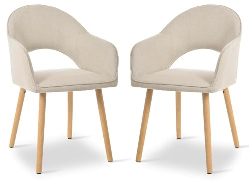 Goeurvant Beige Dining Chairs Set of 2, Upholstered Chairs with Armrests& Wooden Legs, Wool Linen Blend Armchairs, Ergonomic Kitchen Chair, Living Room Chair for Dining Room and Kitchen, Beige