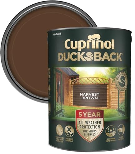Cuprinol Ducksback Shed & Fence Paint Harvest Brown 5L – Cuprinol Fence Paint, 5-Year Weatherproof, Wax-Enriched Non-Drip Formula, Quick-Dry, Water-Repellent Exterior Wood Treatment