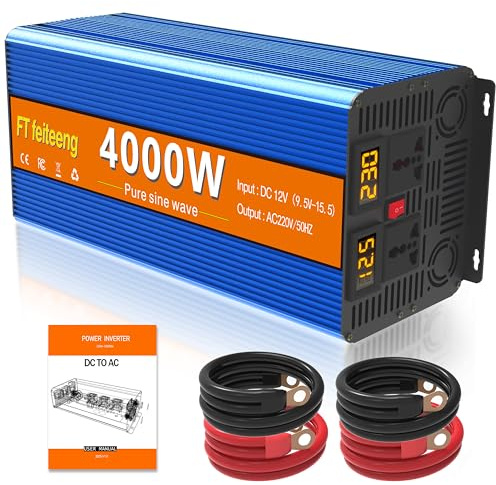 4000W/8000W (Peak) Wechselrichter Reiner Sinus 12V auf 230V，Solar Power Inverter mit 2 LCD-Bildschirme, 2 AC Steckdosen，KFZ Spannungswandler für Fahrzeuge Solar Auto Wohnmobil Haushaltsgeräten