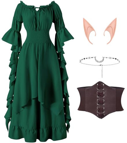 LumenVela Robe Medievale Femme, Robe Renaissance Femme avec Corset, Oreilles D'elfe, Coiffe, sans Bretelles Manches Bouffantes Deguisement Halloween Gothique pour Carnaval Halloween Fête (Vert, XL)