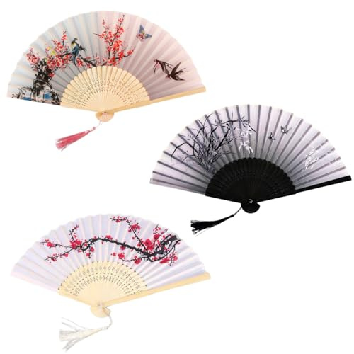 Alfven Handfächer Fächer,3 Stück Faltbare Fächer Chinesischer Blumen Stoff Fächer Hochzeit Bambusfächer mit Quaste für Festival, Party, DIY Dekoration, Leistung, Tanz