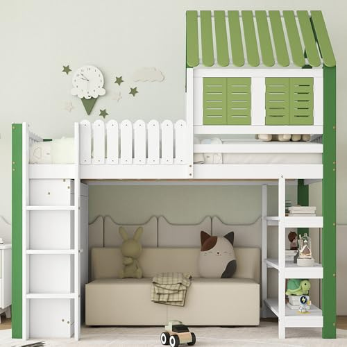 Moimhear Hochbett mit Dach& Schrank - Kinderbett mit Fallschutzgitter 90x200cm - Weiß+Grün mit 3 Regalen & Leiter - Kiefernholz FSC-Zertifiziert - Matratze Nicht inklusive