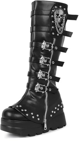 CSRZPMG Women's Knee High Wedge Platform Boots Round Toe Punk Goth Mid Calf Motorcycle Combat Boot Metal Buckle Chunky Heel Boots