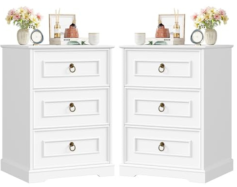 FOREHILL Table de Chevet Lot de 2, Chevet de Lit 3 Tiroirs Chambre, Blanc | Commode 3 tiroirs | Table d'appoint pour salon bureau | Avec poignée rétro | 45,5 x 38 x 64 cm | Montage facile | Pratique