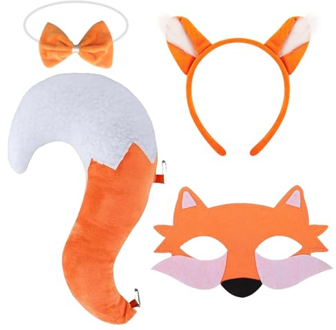 Orizizhic 4PCS Tier Fuchs Kostüm Set für Erwachsene, Lebensecht Fuchsohren und Schwanz Set mit Fuchs Stirnband, Fuchsschwanz, Fliege, Fuchs Maske für Karneval Cosplay Kostüm