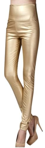 Generisk leggings i konstläder läderbyxor hög midja PU läder leggings byxor tights treggins leggings konstläder leggings termisk fleece konstläder vinter läderleggings dam matt, Guld, S