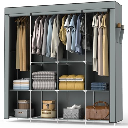 Huracan Kleiderschrank Stoffschrank Faltbar, Stabiler Schrank mit Kleiderstange & Ablagen, Textil Faltschrank mit Abdeckung, Tragbar für Schlafzimmer & Ankleidezimmer, 170 x 45 x 170 cm, Grau