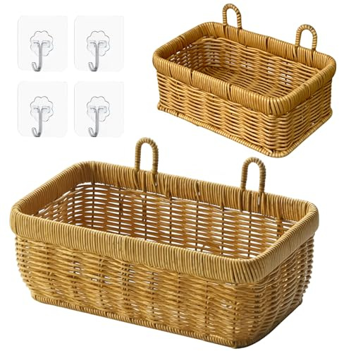 Aufbewahrungskorb Geflochten aus Rattan Wandhalterung Organizer 2 Stück, Wand Hängende Lagerung Korb Container Dekorative, für Schlafzimmern Und Büros, Wohnzimmern