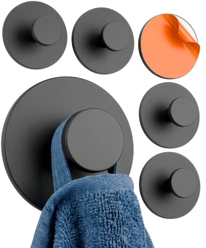 Minismus Ganchos Adhesivos para Pared, Colgadores Adhesivos Resistentes sin Taladro, Colgador Toalla Baño Cocina y Entrada, Ganchos para Colgar con Pomo Redondo, Acero Inoxidable Negro, 6 Unidades