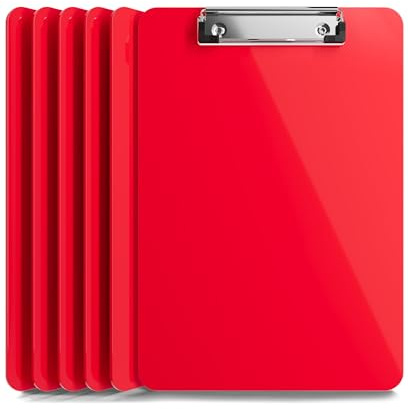 Plastic Clipboards (Set of 6) Multi Pack Clipboard (Red) Strong 12.5 x 9 Inch | Holds 100 Sheets! Acrylic Clipboards with Low Profile Clip | Cute Aesthetic College School Supplies for Girls and Boys