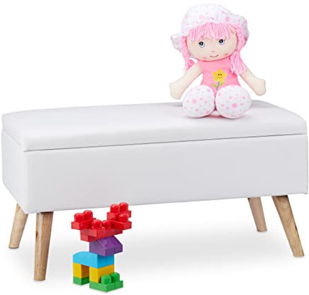 Relaxdays Sitzbank mit Stauraum, 40 L, gepolstert, Holzbeine, Truhenbank Kunstleder, HxBxT: 40 x 80 x 39,5 cm, weiß, Größe
