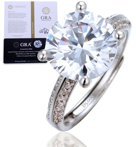 HALUKAKAH Bague pour Femme Moissanite D5,0 ct en Argent 925 Plaqué Platine avec Certificat,Sertie 4 Griffes Diamant de Laboratoire en Ronde Pierres Latérales,pour Fiançaille,Mariage,Taille Ajustable