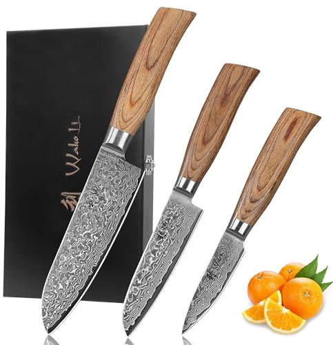 Wakoli EDIB Pro Messer - Damastmesser-Set (3-teilig) Küchenmesser aus 67 Lagen Damaststahl mit VG10-Kern - Pakkaholzgriff - Scharfe Messer für Fleisch, Fisch & Gemüse - Küchenmesser Set in Holzbox