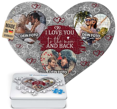 Foto-Puzzle selbst gestalten - I Love You - mit 3 Fotos Bedrucken - Herz-Puzzle Personalisieren - Geschenk zu Valentinstag, Jahrestag - 114 Teile inkl. Metalldose
