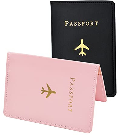 WANDIC Reisepasshülle, 2 Stück, wasserdichte Leder-Reisepasshülle, Reisepasshülle, Reisepasshülle, Schutzhülle für Flitterwochen, Hochzeit, Familie, Geschäftsreisen, Rosa, Schwarz