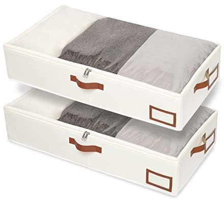 Yawinhe 2 Stück Unterbettkommode, Unterbett-Aufbewahrungstasche, Kleideraufbewahrung, Faltbare Aufbewahrung Kleidung mit Klarem Fenster, für Bettdecken, Kleidung, 60x30x15cm, Beige