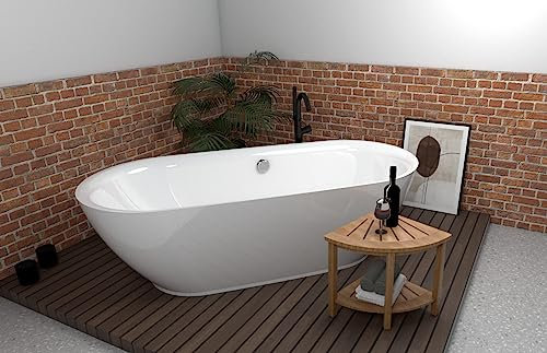 ECOLAM® exklusive freistehende Badewanne Standbadewanne moderne Wanne freistehend Adele 152 x 75 cm ideal für zwei Personen + Badbank Ecktisch Holz Costa + Ablaufgarnitur Design Acryl glamour weiß