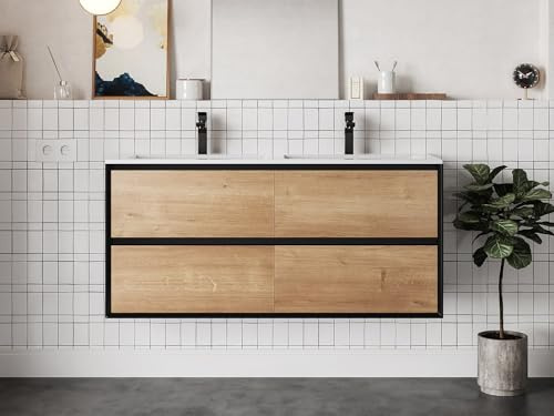 Vente-unique - Mobile bagno sospeso 120 cm con lavabo a incasso le Chiaro e Nero - LANNICK