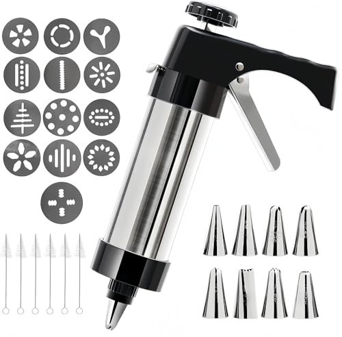SaeYz Kekspresse, Kekspresse for Backen – Kekspresse aus Edelstahl + 13 Keksscheiben + 8 Zuckergussdüsen, perfekt for selbstgemachte Kekse und Kuchenglasur