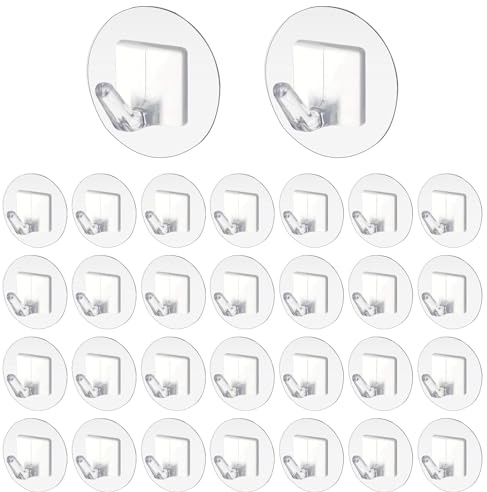 Qianyu 30 Pcs Adhesive Wall Hooks Heavy Duty Clear Sticky Hangers Waterproof Seamless Transparent Acrylic Utility Hook Without Nails for Hanging Towel Kitchen Utensils Bathroom Office