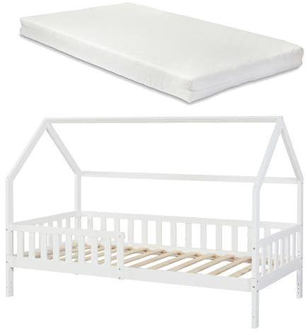 [en.casa] Kinderbett Ydre Hausbett mit Matratze Weiß 90 x 200 cm Holzbett mit Rausfallschutz und Lattenrost 2 Montagearten Bodenbett Hochbett mit Stauraum Jugendbett