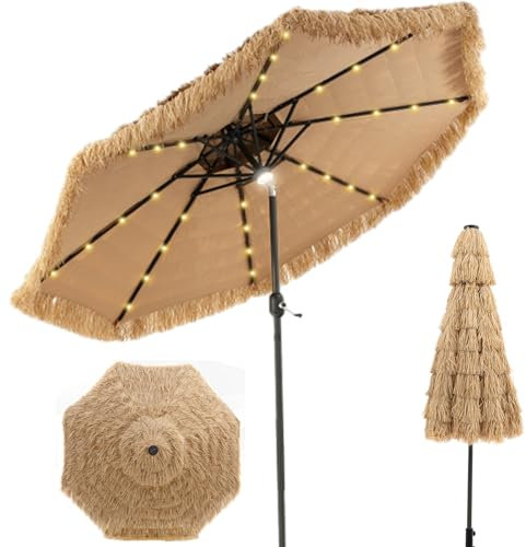 RELAX4LIFE Parasol de Plage Hawaï Tropicale LED Φ282, Jardin Extérieur en Paille Avec 8 Baleines, Inclinable Double Toit Manivelle pour Plage Patio Piscine (LED Φ282 x 247cm)