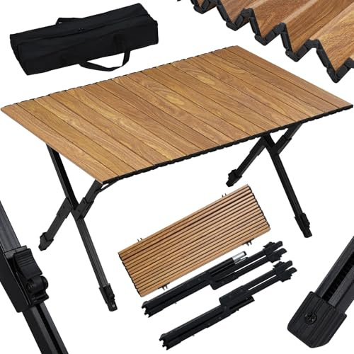 WOLTU Mesa Plegable Camping, Mesa Portátil de Exterior, Altura Ajustable, Tablero Enrollable, Bolsa de Transporte, Aluminio, Carga 50 Kg, para jardín, Picnic, Roble Claro, Roble Claro