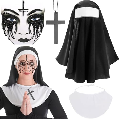 Qunkun 4 Stück Nonn Kostüm Damen Horror Nonne Kostüm, Halloween Gesichtstattoo, Karneval