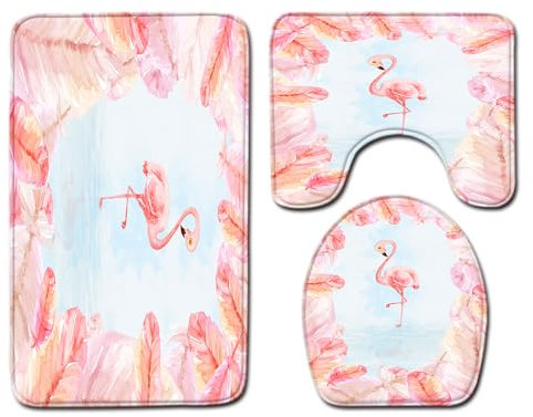 Bad Teppiche Set 3-Teiliges Rosa Federflamingo WC Vorleger Mit Ausschnitt Badematte Saugfähig WC Deckelbezug Badvorleger rutschfest Waschbar Toilettensitzbezug Badgarnitur (50x80cm)