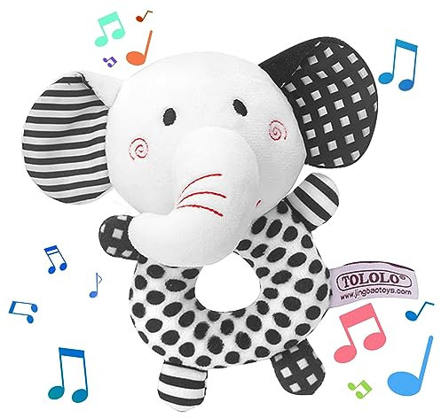 Babyrasseln 0-6 Monate, Schwarze Und Weiße Weiche Rasseln Plüschtierspielzeug, Elefanten-/Fuchs-Plüschringe Säuglingsspielzeug Mit Handgriff(Elefant)