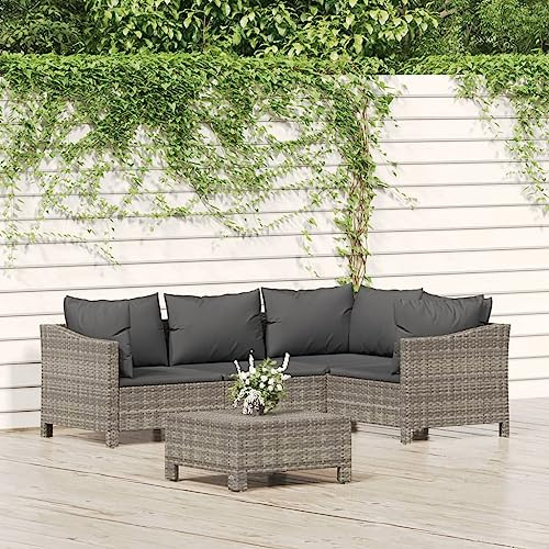 WEMYUFURN 5-TLG. Garten-Lounge-Set mit Kissen Grau Poly Rattan, Outdoor-Sitzgruppe, Terrassen-Lounge-Set, Garten-Couchgarnitur - Wetterbeständig, Komfortabel - für Terrasse, Garten und Balkon