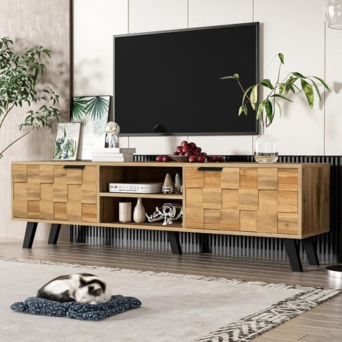 BTM Meuble TV en Bois, Meuble TV Brun avec 2 Portes et 2 Compartiments, Meuble Télé de 160cm Longueur, Design Tissé, Style Rétro, pour Salon et Chambre, Charge 40kg, 160 x35.5x45cm, Brun