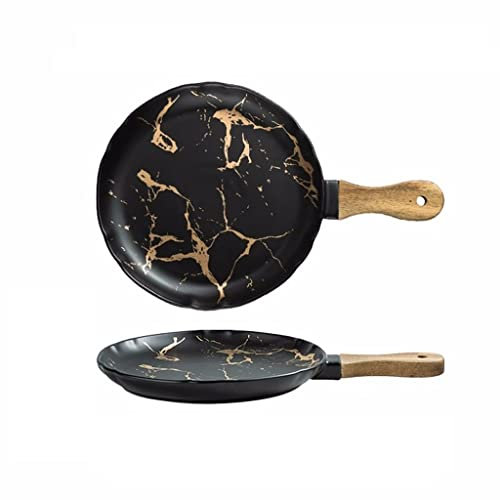 ASerZenith Cuenco para Ensalada, Plato Creativo nórdico Occidental con Mango de Madera, Plato para Carne, Plato Plano, Plato de cerámica para el hogar, 2 Piezas, Cuencos para Postre y Ap(B-Large)