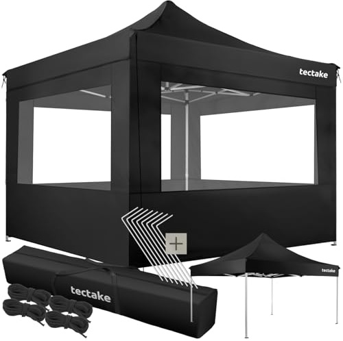 tectake® Alu Pavillon 3x3, Faltpavillon klappbar, wasserdicht, Partyzelt mit 4 Seitenwänden, inkl. Spannseile, Heringe und Tasche, Überdachung Balkon, Terrasse, Garten Pavillion - schwarz