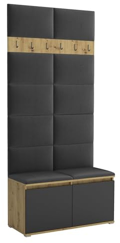 Brent - Garderobenschrank Flur Artisan Eiche Schwarz mit sitzbank 100 cm Breit Luton 1 - Multifunktionale Flurgarderobe Set mit Stauraum und Wandpaneel, Garderobe mit Sitzfläche und Kleiderhaken