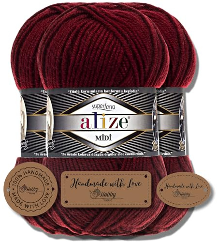 Hobby YARN 3x Etikettenlabel mit Alize Superlana Midi Wolle Premium 3x100g als Set, Yarn, Garn, Strickgarn, Einfarbig, Baby, zum Häkeln, Stricken, Kleidung, Schals (57)