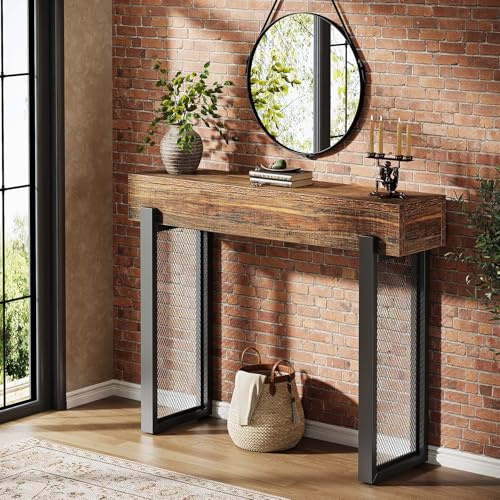 Tribesigns Mesa de consola de 105 cm con espacio de almacenamiento, mesa de entrada industrial pequeña con patas de metal, mesa auxiliar estrecha detrás del sofá, marrón rústico y negro