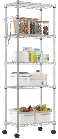 Himimi Scaffale con ruote, in metallo cromato su ruote, regolabile in altezza, con 5 ripiani, per cucina, bagno, 35 x 59 x 183 cm, colore: argento
