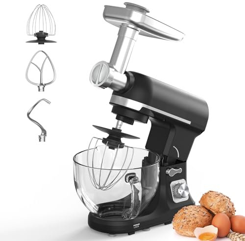 Stand Mixer with Meat Grinder, 5.5L Food Mixers, Food Grinding Mincing Machine, Sausage Maker Meats Mincer, 6 Speeds Pulse Function, 10 Accessories, Hook, Whisk, Beater, Blender, Mincer, Sausage Maker