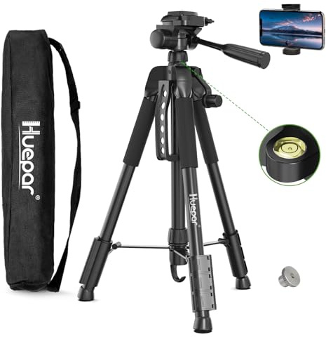 Huepar TPD14A1 150cm Trépied Réglable Portable pour Niveau Laser | Tête Panoramique Flexible 3-Voies et Niveau à Bulle,avec Vis 1/4-20 et Écrou d'adaptation 5/8-11