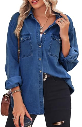 seiveini Chemise Femme Boyfriend Boutonnée Blouse Tunique Jean Décontracté Chemisier Western Denim Shirt A Bleu Foncé S