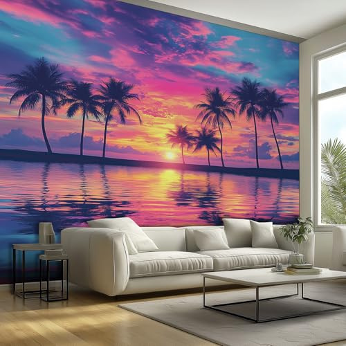 Ocean Beach Sunset Wallpaper Scene - Tropical Palm Tree Wall Paper, Beach Home Decor, Non-Woven Waterproof Print Wallpapers for Bedroom Living Room, Feature Walls Mural 400x280 cm - RvX269