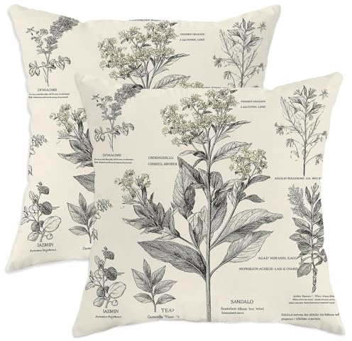 Juego de 2 fundas de cojín botánicas, fundas de cojín vintage de plantas de hierbas color crema, decoración cuadrada de primavera para el hogar, sofá, cama, sofá, 26 x 26 pulgadas