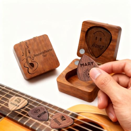 Personalisierter Gitarren-Plektrenhalter aus Holz, Gitarrenständer mit 3 Plektren, Individuell Graviert (Auswahlbox)